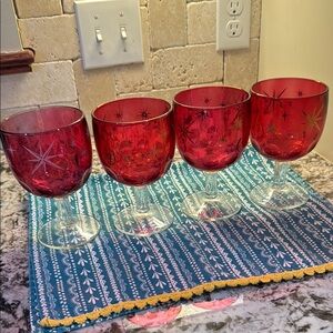 Set of 4 Bartlett Collins Vintage Cranberry Red Atomic Starburst Goblets
